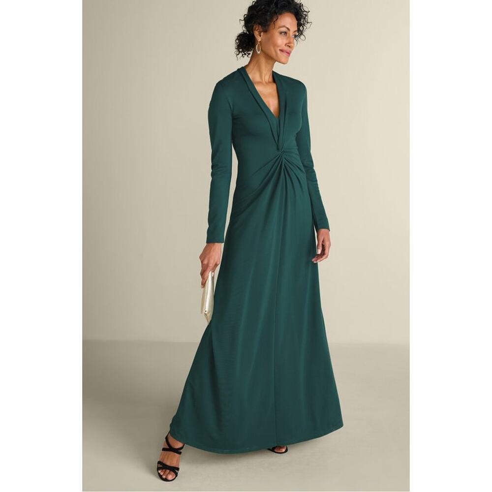 Soft Surroundings Lagia Maxi Dress XS Green Long Sleeve Draped V-neck NWT